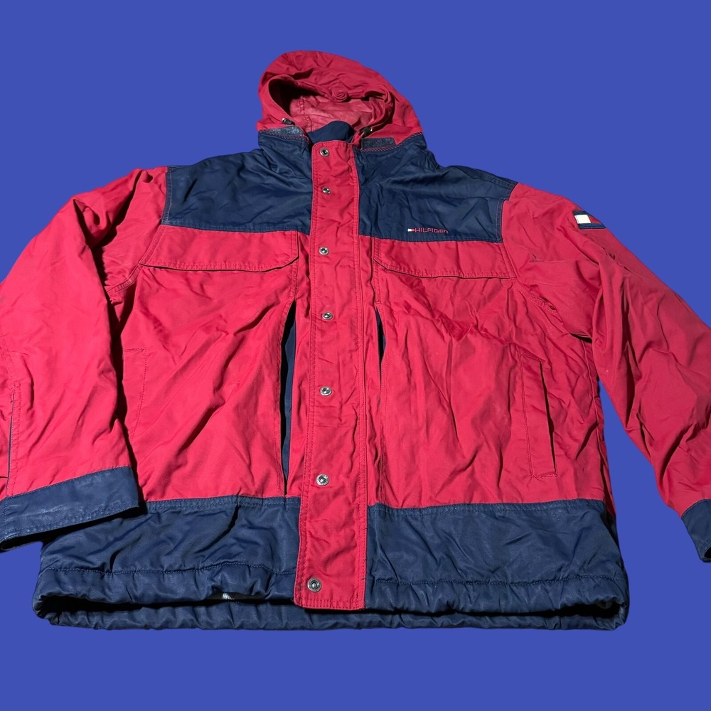 Tommy Hilfiger Heavyweight Hooded Coat Mens XL Red Button Zip Y2K Jacket